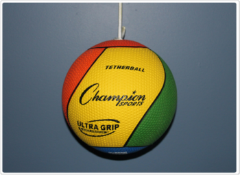 The image shows a tether ball. The ball is made of rubber and the cord is made of a durable material.
