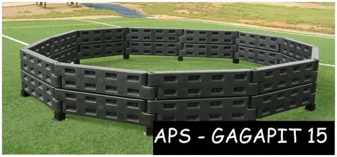 A GaGa Pit is a circular area surrounded by walls. It is a popular playground game that is similar to dodgeball, but with a few key differences. In GaGa Ball, players slap or hit the ball, aiming to hit other players below the knees. If you're hit, you're out. The last player in the pit is the winner.
